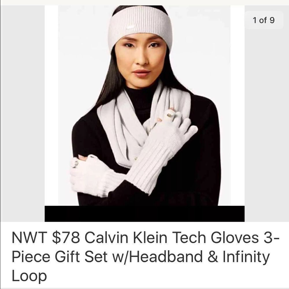 NWT Calvin Klein 3-Piece Tech Gloves Gift Set Grey Headband Gloves and Scarf